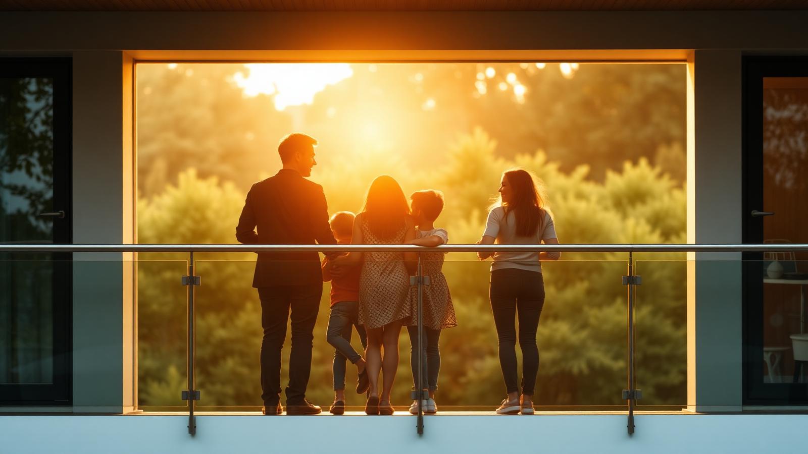 Balustrady balkonowe ze stali nierdzewnej — M-stal Balustrady balkonowe ze stali nierdzewnej — rodzina na balkonie domu jednorodzinnego — realizacja M-stal
